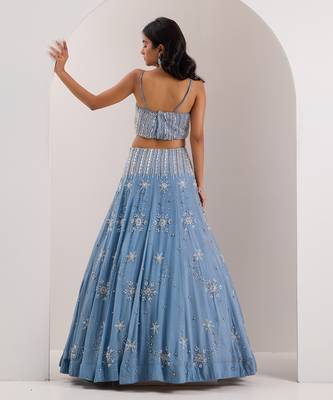 Blue Organza Embellished Crystal Straight Elsa Snowflake Lehenga Set 4