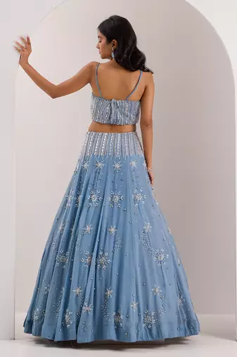 Blue Organza Embellished Crystal Straight Elsa Snowflake Lehenga Set
