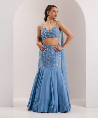 Blue Organza Embellished Crystal Nyla Vine Mermaid Lehenga With Blouse 1
