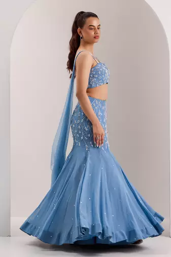 Blue Organza Embellished Crystal Nyla Vine Mermaid Lehenga With Blouse