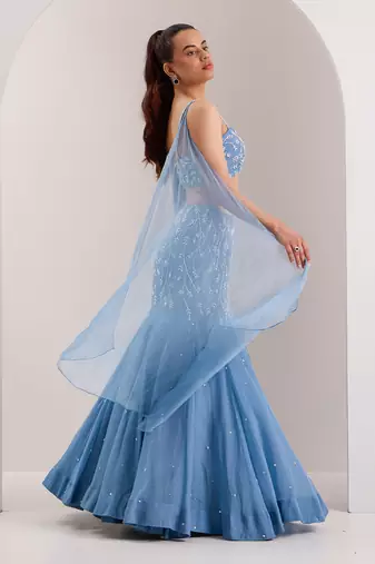 Blue Organza Embellished Crystal Nyla Vine Mermaid Lehenga With Blouse