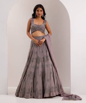 Grey Organza Embellished Crystal U-neck Zeya Snowflake Embroidered Lehenga Set 1