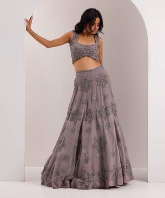 Grey Organza Embellished Crystal U-neck Zeya Snowflake Embroidered Lehenga Set 2