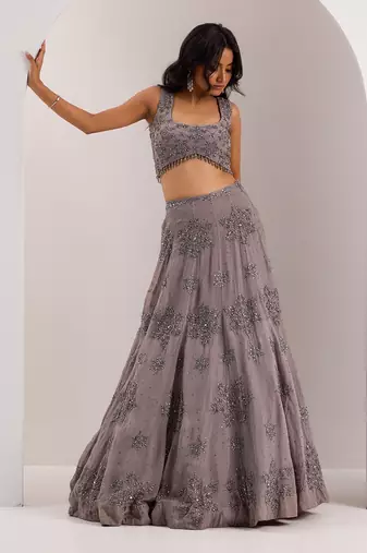 Grey Organza Embellished Crystal U-neck Zeya Snowflake Embroidered Lehenga Set