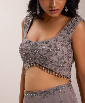Grey Organza Embellished Crystal U-neck Zeya Snowflake Embroidered Lehenga Set 3