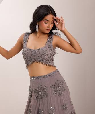 Grey Organza Embellished Crystal U-neck Zeya Snowflake Embroidered Lehenga Set 4