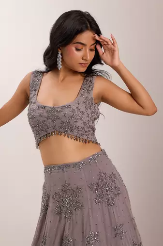 Grey Organza Embellished Crystal U-neck Zeya Snowflake Embroidered Lehenga Set