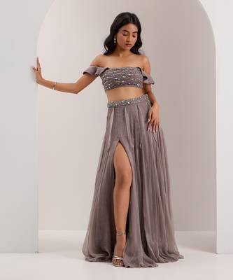 Grey Shimmer Chiffon Embellished Crystal Off Lumi Slit Lehenga With Blouse 1