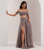 Grey Shimmer Chiffon Embellished Crystal Off Lumi Slit Lehenga With Blouse
