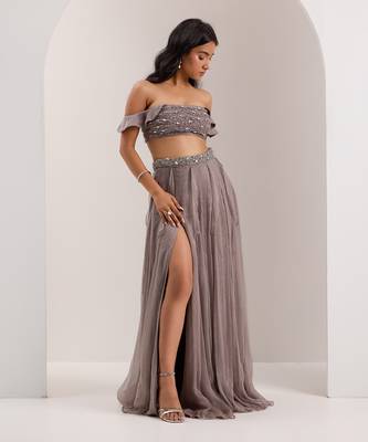 Grey Shimmer Chiffon Embellished Crystal Off Lumi Slit Lehenga With Blouse 2