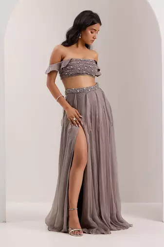 Grey Shimmer Chiffon Embellished Crystal Off Lumi Slit Lehenga With Blouse