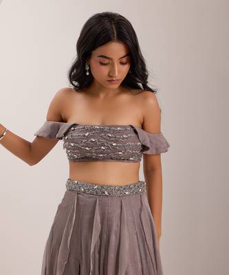 Grey Shimmer Chiffon Embellished Crystal Off Lumi Slit Lehenga With Blouse 3