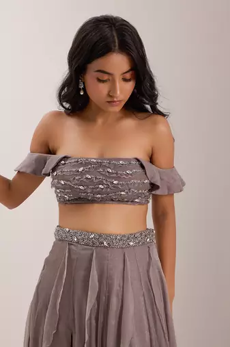 Grey Shimmer Chiffon Embellished Crystal Off Lumi Slit Lehenga With Blouse