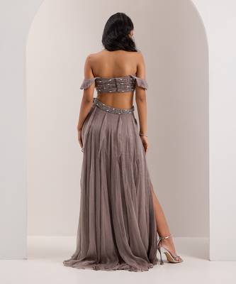 Grey Shimmer Chiffon Embellished Crystal Off Lumi Slit Lehenga With Blouse 4
