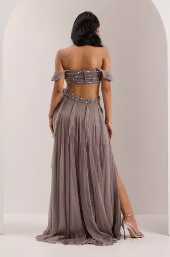 Grey Shimmer Chiffon Embellished Crystal Off Lumi Slit Lehenga With Blouse