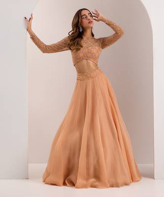 Rose Gold Soft Net Embellished Crystal Round Eira Bead Waist Lehenga Set 1