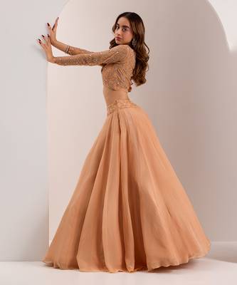 Rose Gold Soft Net Embellished Crystal Round Eira Bead Waist Lehenga Set 2