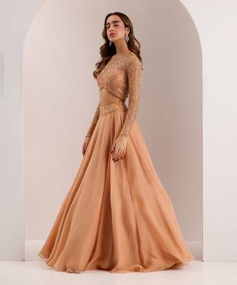 Rose Gold Soft Net Embellished Crystal Round Eira Bead Waist Lehenga Set 3