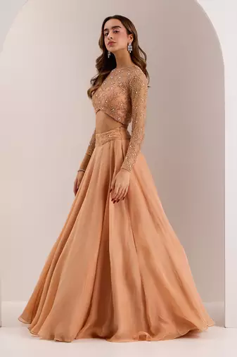 Rose Gold Soft Net Embellished Crystal Round Eira Bead Waist Lehenga Set