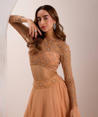 Rose Gold Soft Net Embellished Crystal Round Eira Bead Waist Lehenga Set 4
