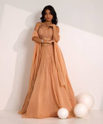 Rose Gold Organza Embellished Crystal Sweetheart Diora Lehenga Set 1