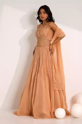 Rose Gold Organza Embellished Crystal Sweetheart Diora Lehenga Set