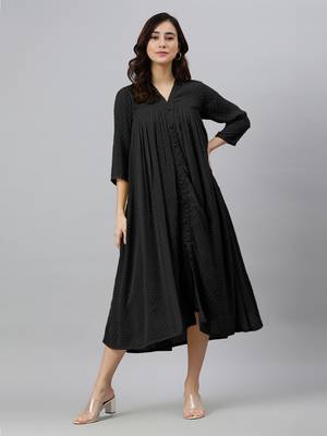 Janasya women's black dobby chiffon self design empire dress 1