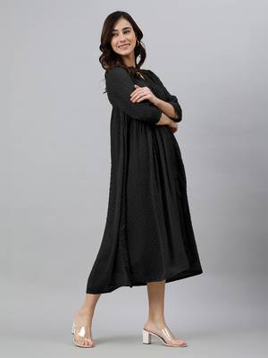Janasya women's black dobby chiffon self design empire dress 2
