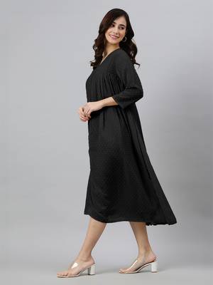 Janasya women's black dobby chiffon self design empire dress 3