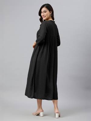 Janasya women's black dobby chiffon self design empire dress 4