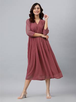 Janasya women's pink dobby chiffon self design empire dress 1