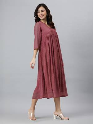 Janasya women's pink dobby chiffon self design empire dress 2