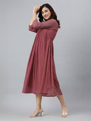 Janasya women's pink dobby chiffon self design empire dress 3
