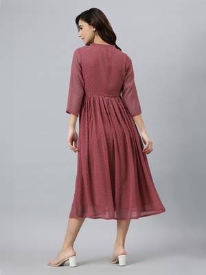 Janasya women's pink dobby chiffon self design empire dress 4