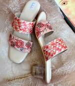 Peach faux leather silk block heel  footwear