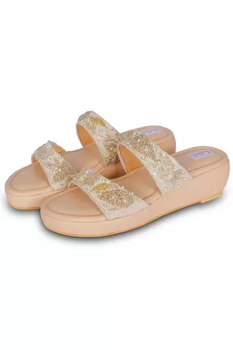 Gold embroidery pu leather sandle