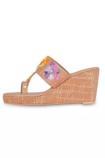 Brown embroidery  pu leather sandal