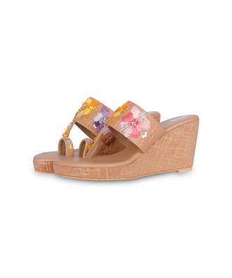 Brown embroidery  pu leather sandal 4