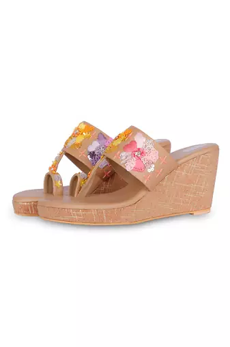 Brown embroidery  pu leather sandal