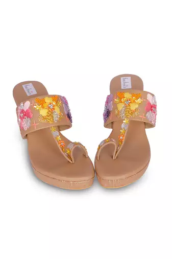 Brown embroidery  pu leather sandal