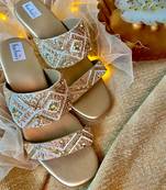 Gold embroidery pu leather block heel