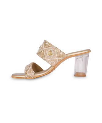 Gold embroidery pu leather block heel 3