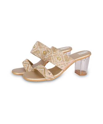 Gold embroidery pu leather block heel 4