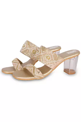 Gold embroidery pu leather block heel