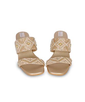 Gold embroidery pu leather block heel 5