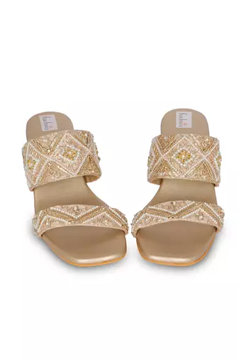 Gold embroidery pu leather block heel