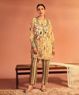 Cream tamaya embroidered kurta set with jacket 1