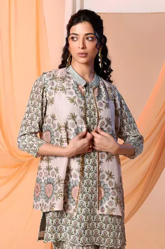 Green earaya printed kurta set with embellished jacket