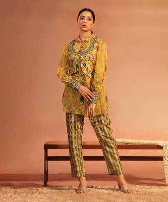 Yellow tamaya embroidered kurta set with jacket 1