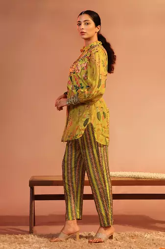Yellow tamaya embroidered kurta set with jacket